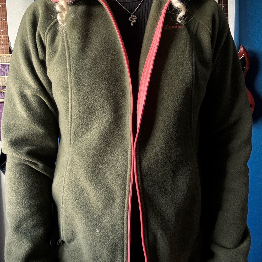 Columbia Olive Fleece Jacket with Coral Trim